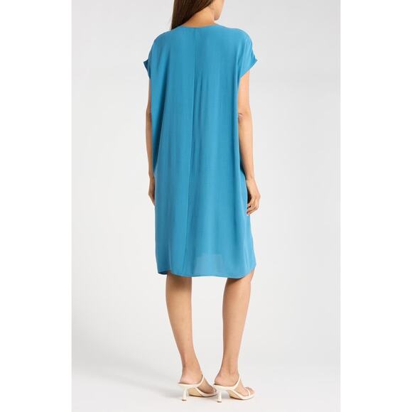 Eileen Fisher Women's 100% Silk V-Neck Relaxed Kaftan Dress Blue Size XL NWT - Picture 2 of 13